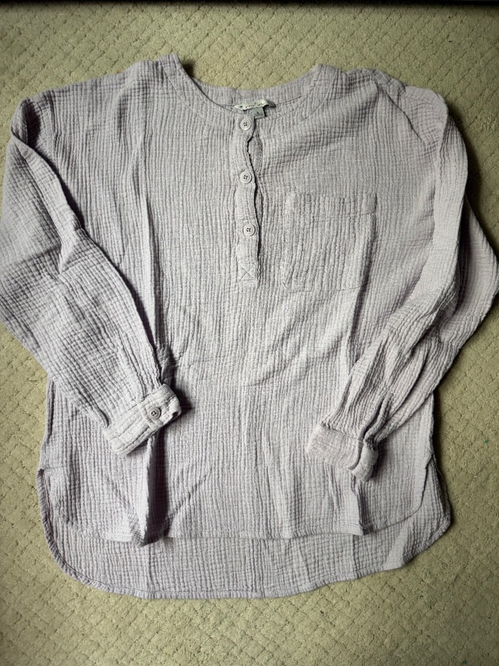 LL Bean Signature Gauze Henley Top L Large Lavender Lilac Crinkle Cotton Blouse